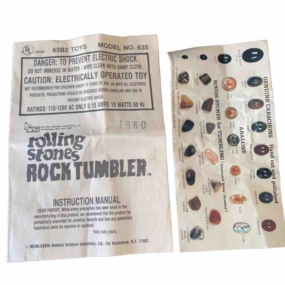 Rolling Stones Rock Tumbler NSI Manual & Stone Chart VTG